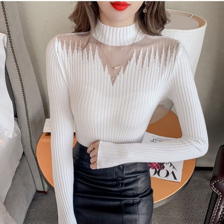 WHITE | オパール加工リブニットハイネック/シアートップス | LETee