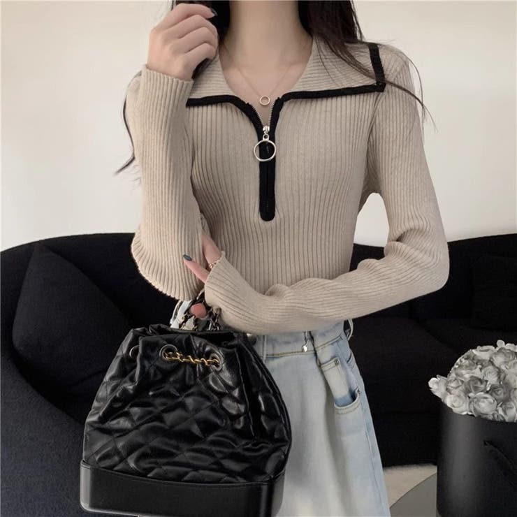 ハーフジップえりつきニットプルオーバー/リングスライダー/トリミングカラー | LETee | 詳細画像3 