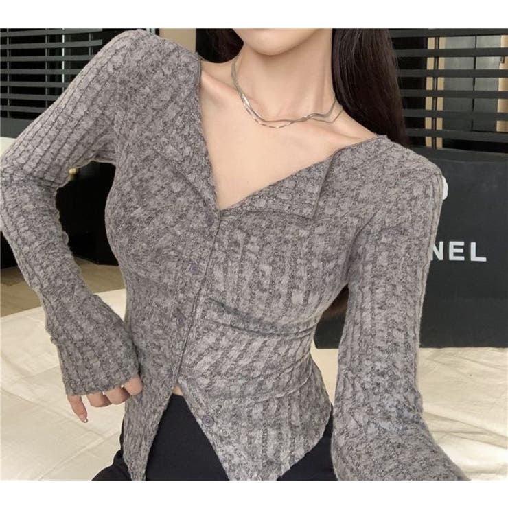 GREY | クルーネックカーディガン/折り返し衿/ジャストフィットトップス | LETee