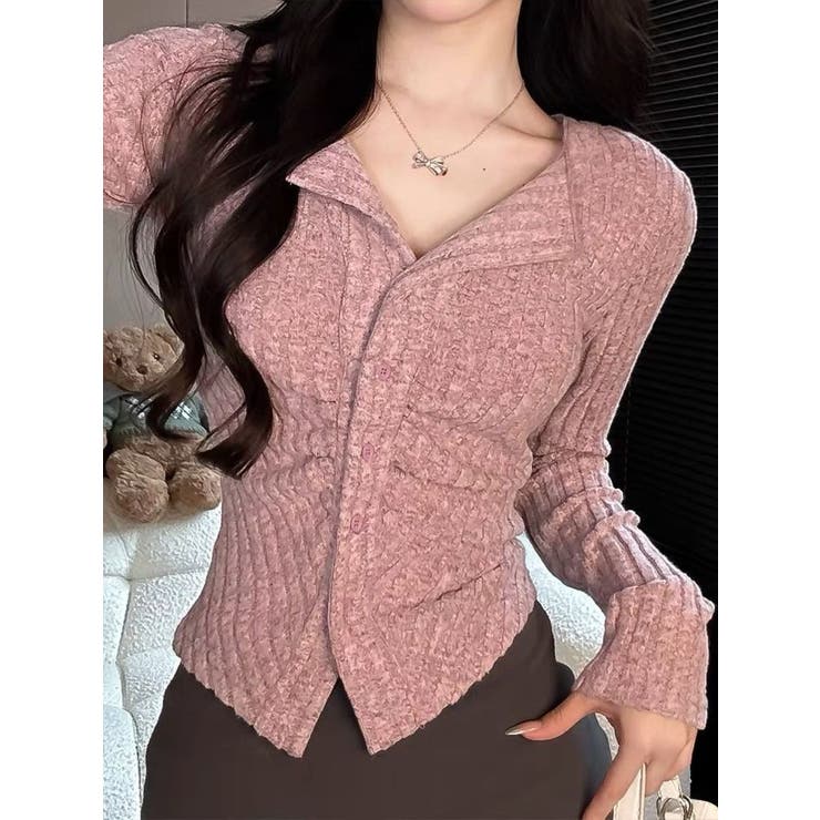 PINK | クルーネックカーディガン/折り返し衿/ジャストフィットトップス | LETee