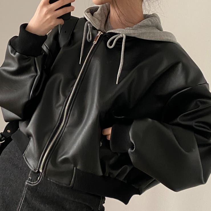 フェイクレザージャケット/カットソー素材フード付き | LETee | 詳細画像2 