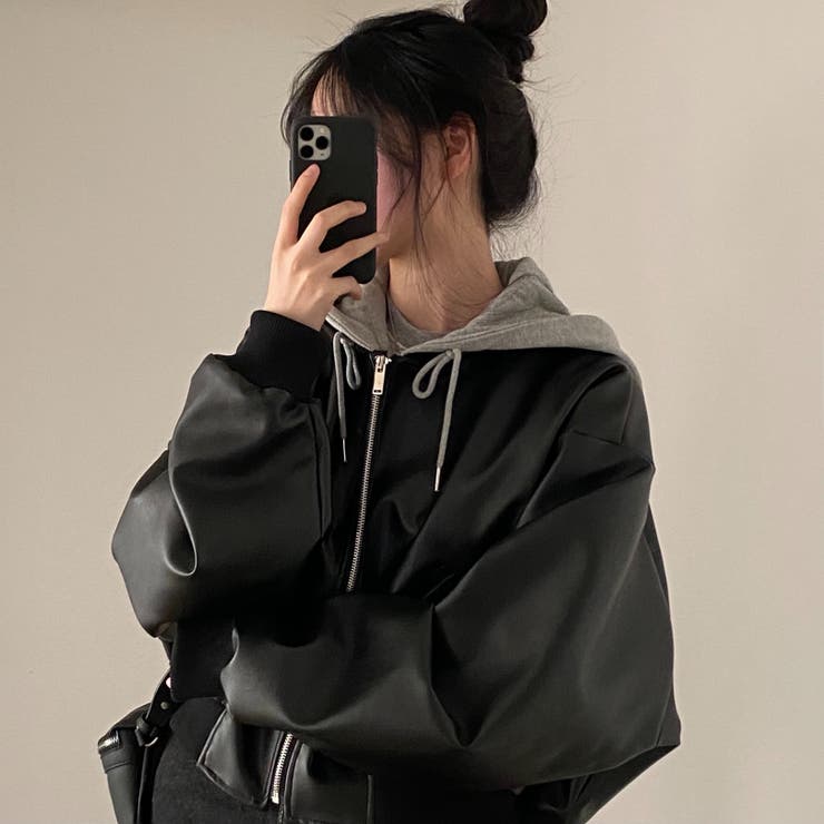 フェイクレザージャケット/カットソー素材フード付き | LETee | 詳細画像4 