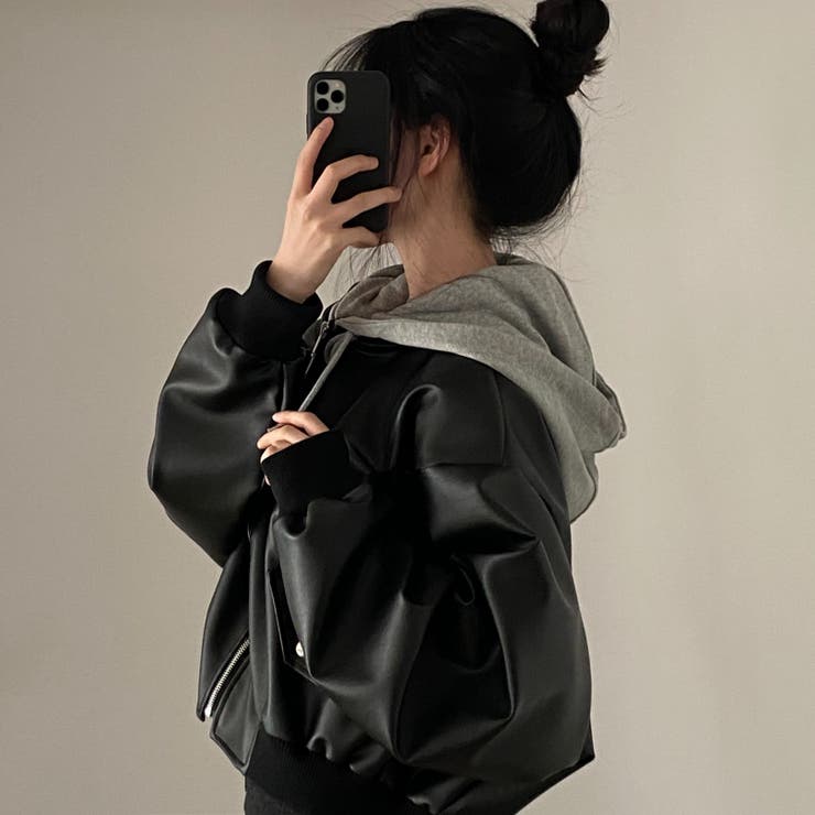 フェイクレザージャケット/カットソー素材フード付き | LETee | 詳細画像6 