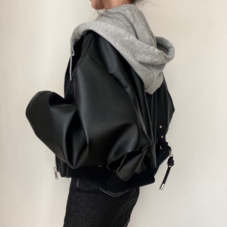 フェイクレザージャケット/カットソー素材フード付き | LETee | 詳細画像7 