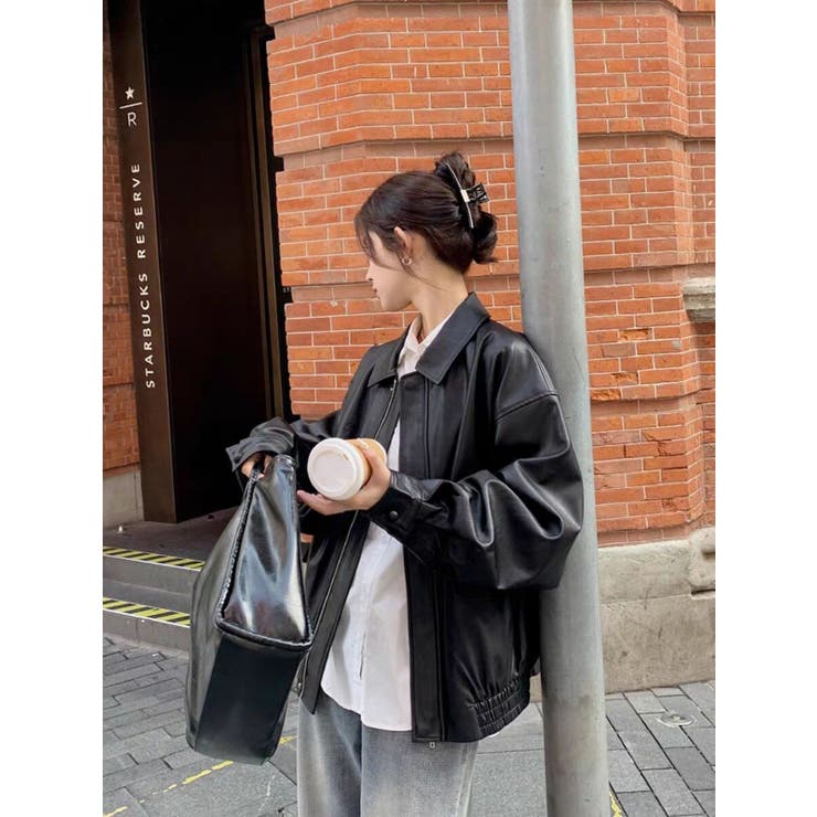 BLACK | フェイクレザーえり付きジャケット/裾ゴムジップアップジャケット | LETee