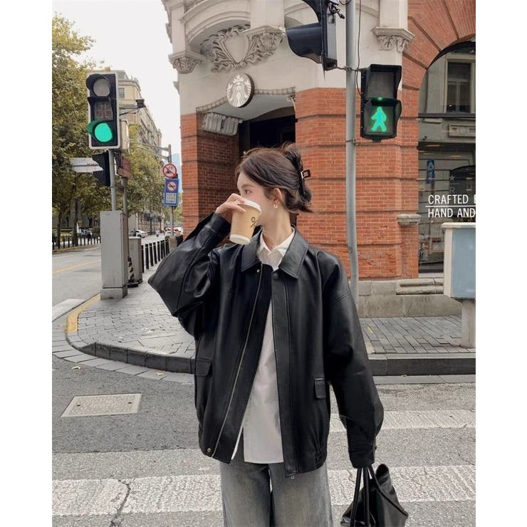 フェイクレザーえり付きジャケット/裾ゴムジップアップジャケット | LETee | 詳細画像2 