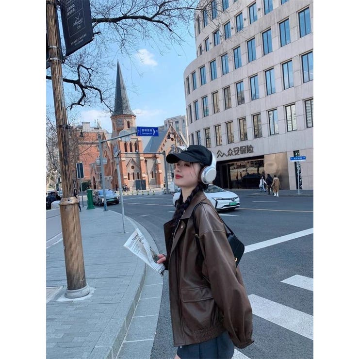 フェイクレザーえり付きジャケット/裾ゴムジップアップジャケット | LETee | 詳細画像9 