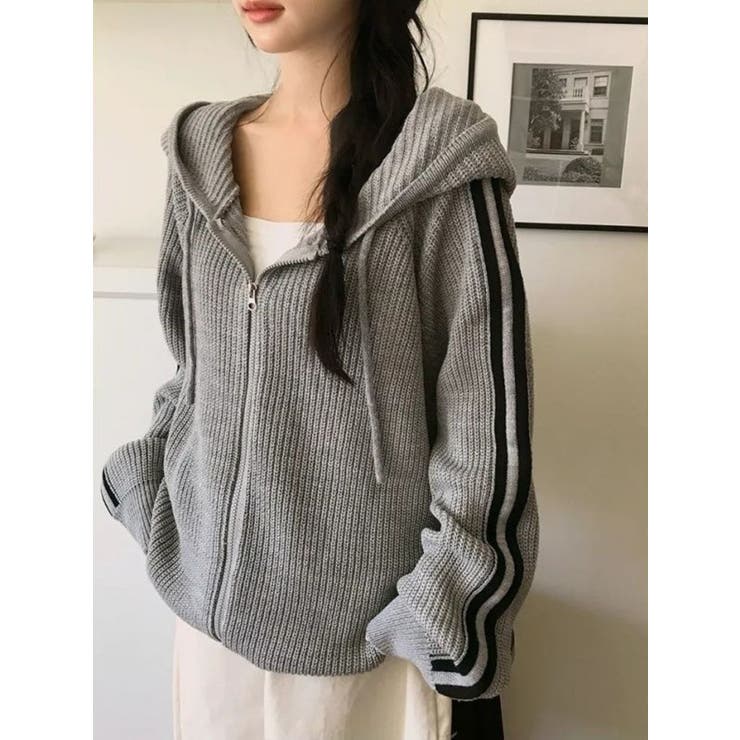 GREY | 袖ライン片畔ニットジップパーカー | LETee