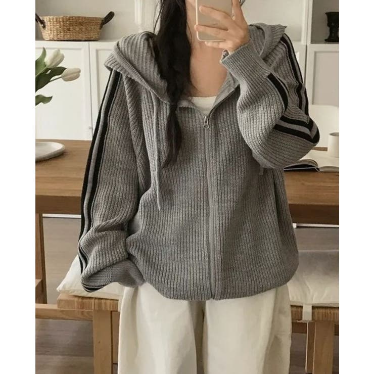 袖ライン片畔ニットジップパーカー | LETee | 詳細画像1 