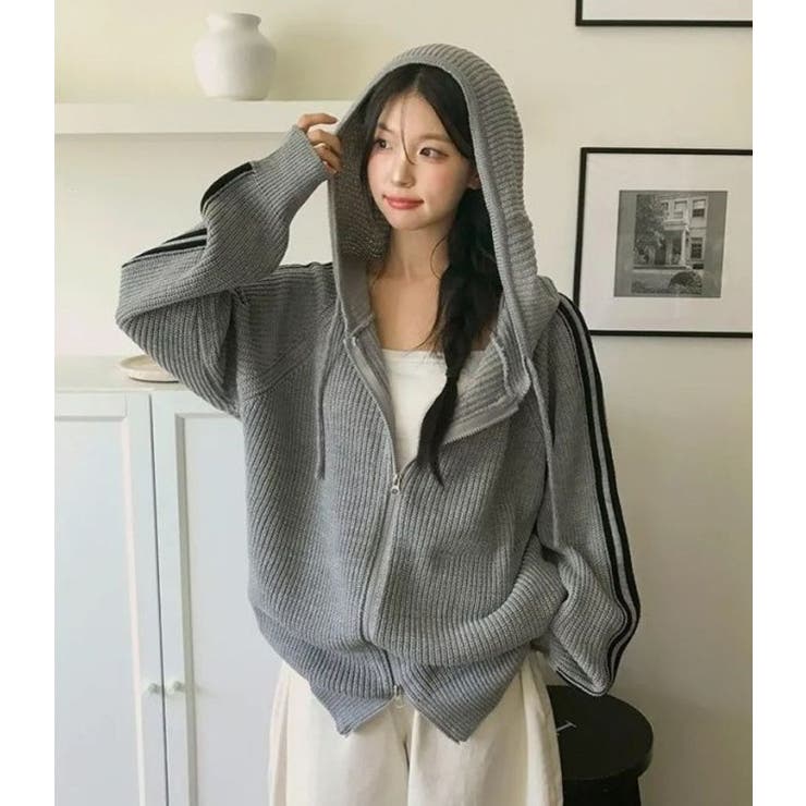 袖ライン片畔ニットジップパーカー | LETee | 詳細画像3 