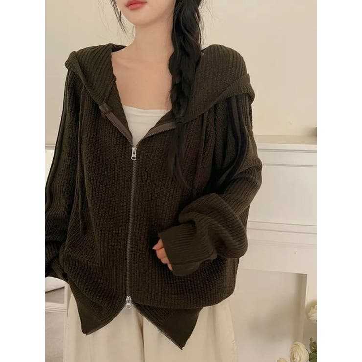 BROWN | 袖ライン片畔ニットジップパーカー | LETee