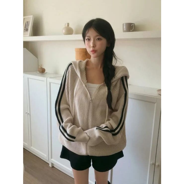 袖ライン片畔ニットジップパーカー | LETee | 詳細画像7 