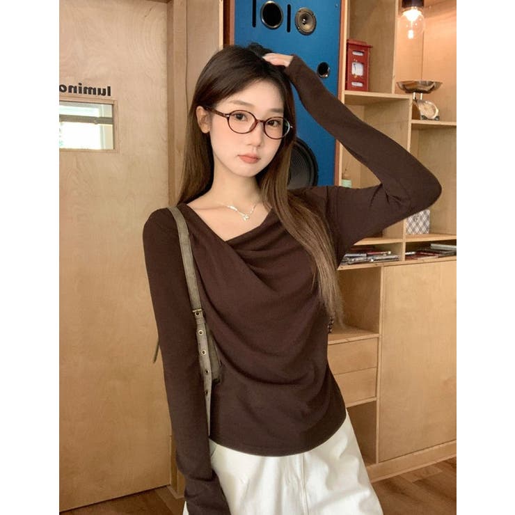 BROWN | アシンメトリーネックドレープトップス | LETee