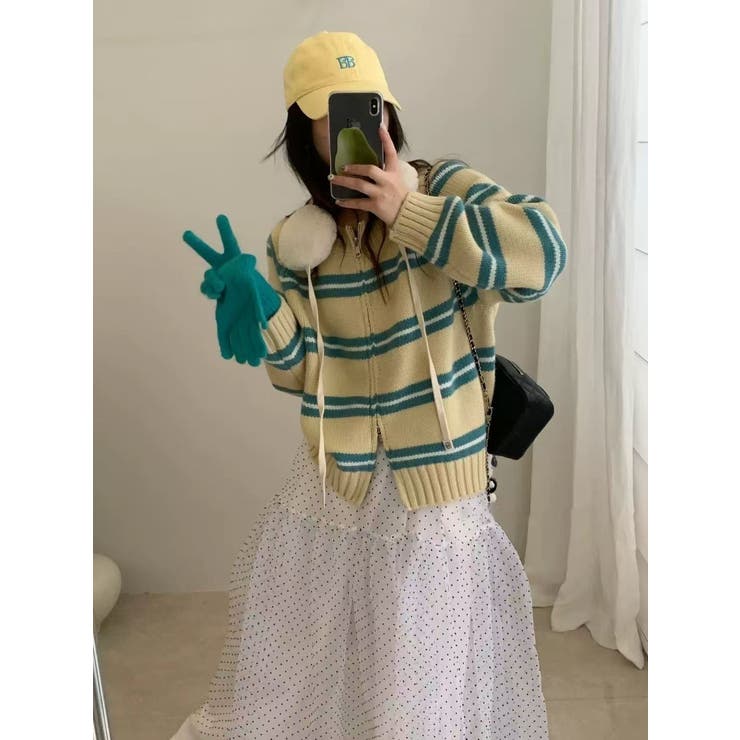 BEIGE | ボーダーニットカーディガン/ダブルジップ | LETee