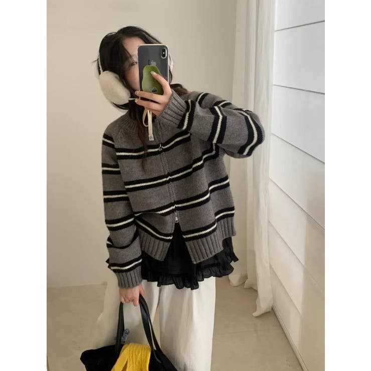 GREY | ボーダーニットカーディガン/ダブルジップ | LETee