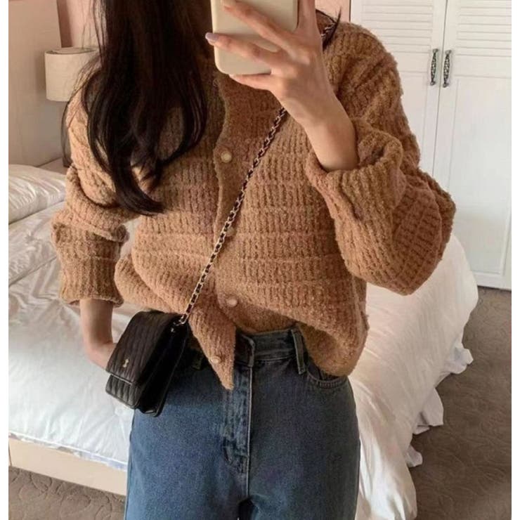 BROWN | 変わり織ニットカーディガン/クルーカーデ/モールヤーン | LETee