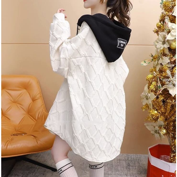 フード配色パーカー/フクレ織柄/ドットボタン/シャツ風パーカー | LETee | 詳細画像9 