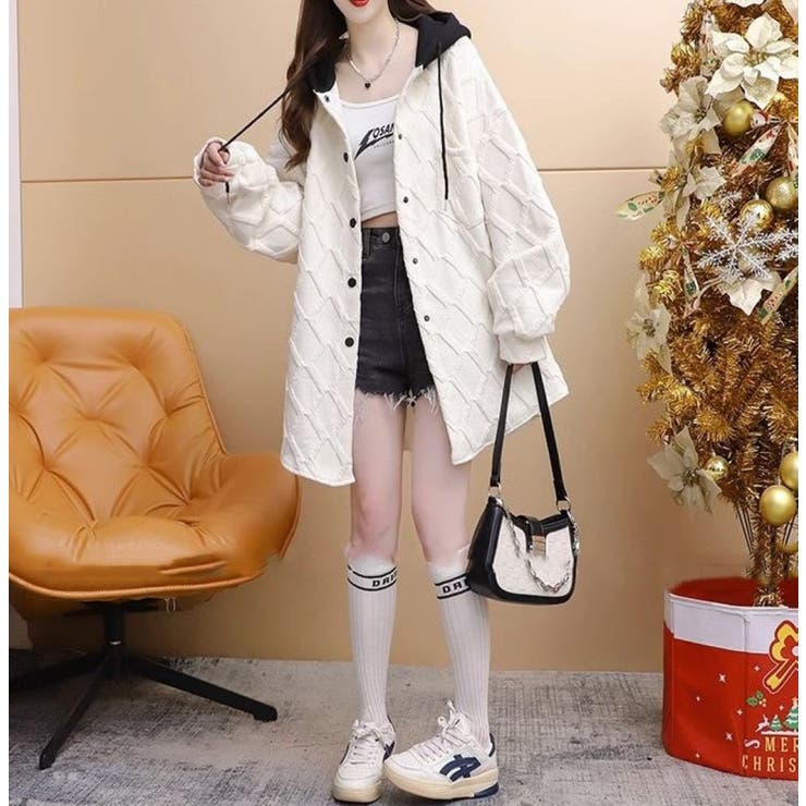 フード配色パーカー/フクレ織柄/ドットボタン/シャツ風パーカー | LETee | 詳細画像10 