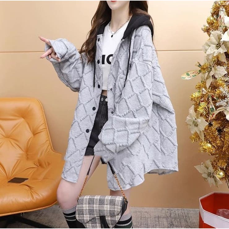 フード配色パーカー/フクレ織柄/ドットボタン/シャツ風パーカー | LETee | 詳細画像11 