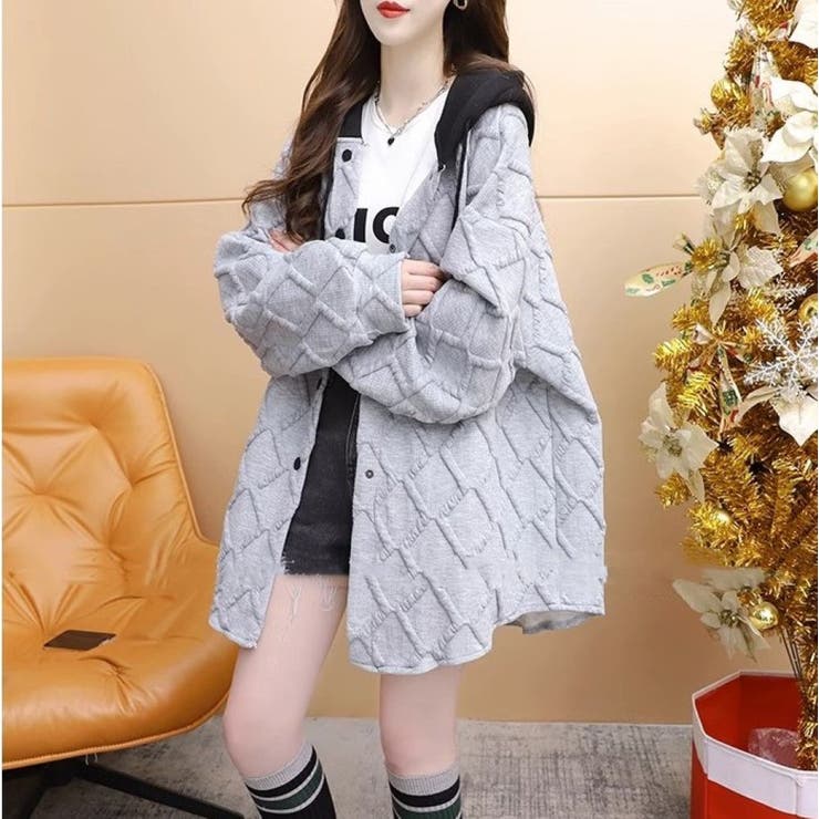 フード配色パーカー/フクレ織柄/ドットボタン/シャツ風パーカー | LETee | 詳細画像12 