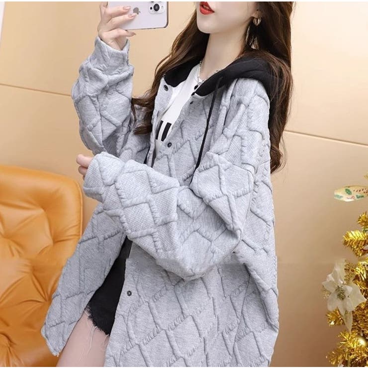 フード配色パーカー/フクレ織柄/ドットボタン/シャツ風パーカー | LETee | 詳細画像13 