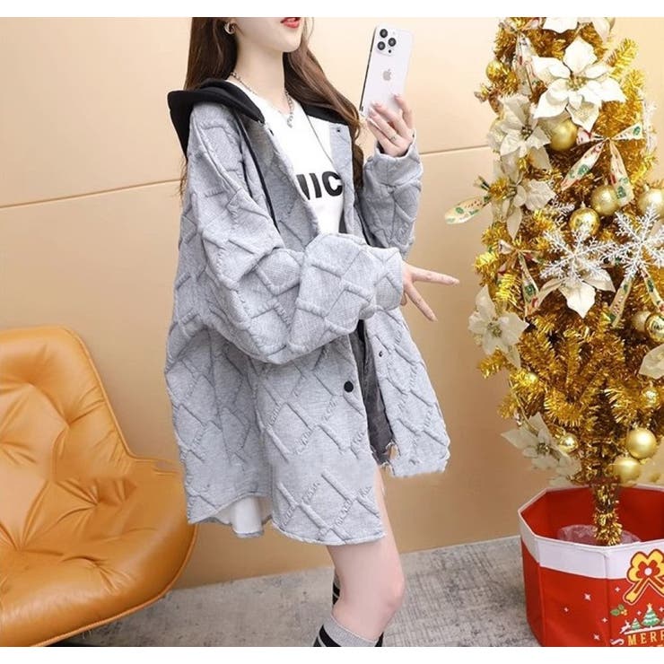 フード配色パーカー/フクレ織柄/ドットボタン/シャツ風パーカー | LETee | 詳細画像14 