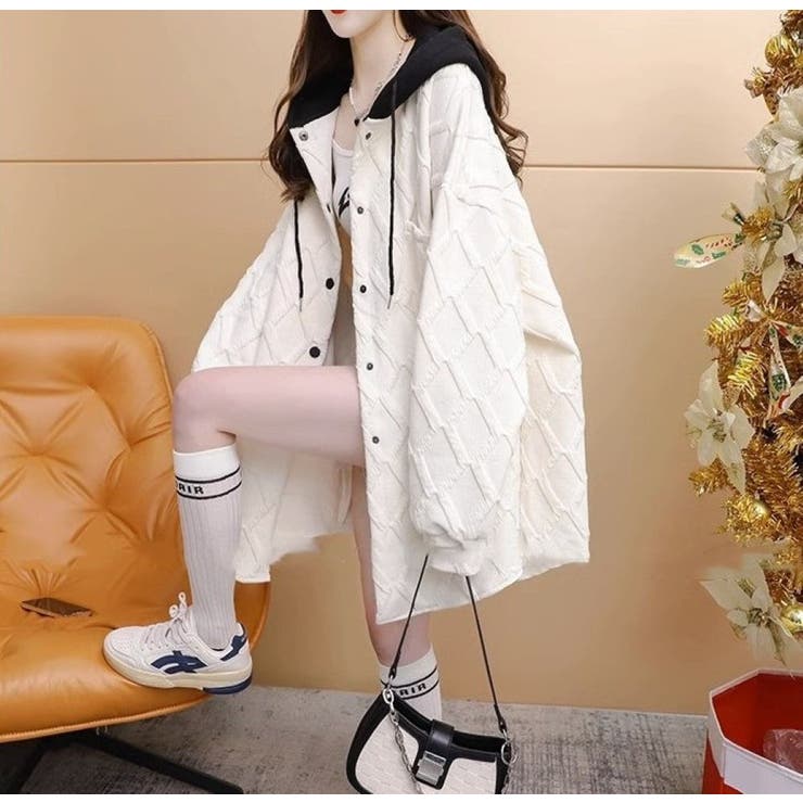 フード配色パーカー/フクレ織柄/ドットボタン/シャツ風パーカー | LETee | 詳細画像1 