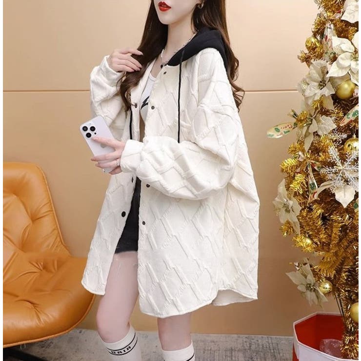 フード配色パーカー/フクレ織柄/ドットボタン/シャツ風パーカー | LETee | 詳細画像3 