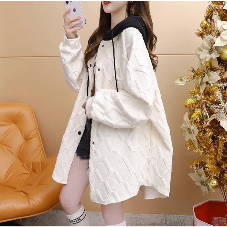 フード配色パーカー/フクレ織柄/ドットボタン/シャツ風パーカー | LETee | 詳細画像4 