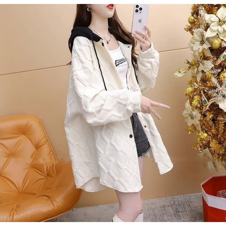 フード配色パーカー/フクレ織柄/ドットボタン/シャツ風パーカー | LETee | 詳細画像5 