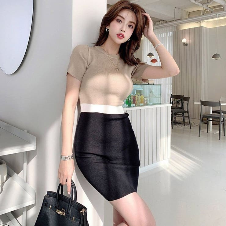 BEIGE/BLACK | バイカラーニットワンピース | LETee