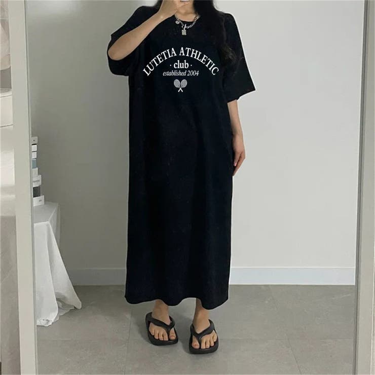 BLACK | 半袖ロゴプリントTシャツワンピース | LETee