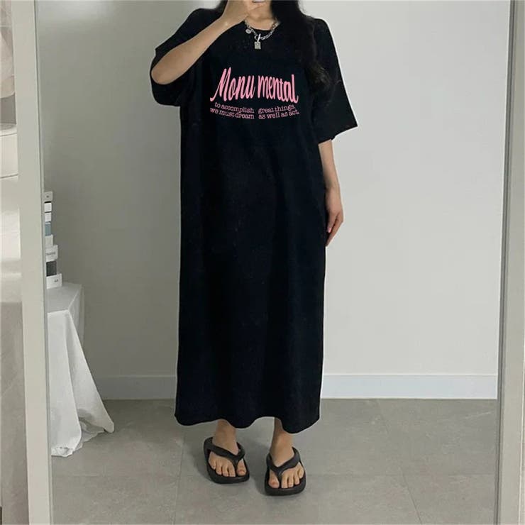 BLACK | 半袖ロゴプリントTシャツワンピース | LETee