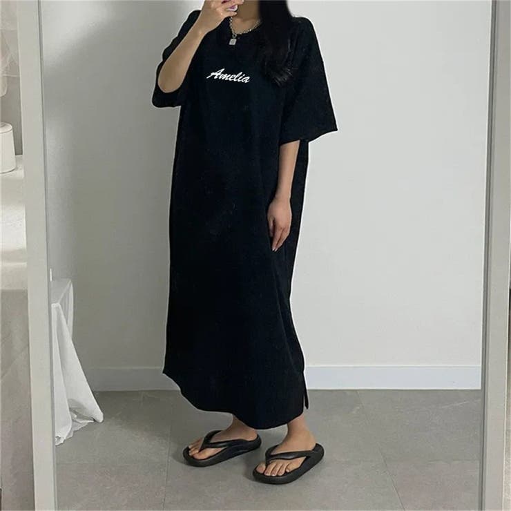 BLACK | 半袖ロゴプリントTシャツワンピース | LETee