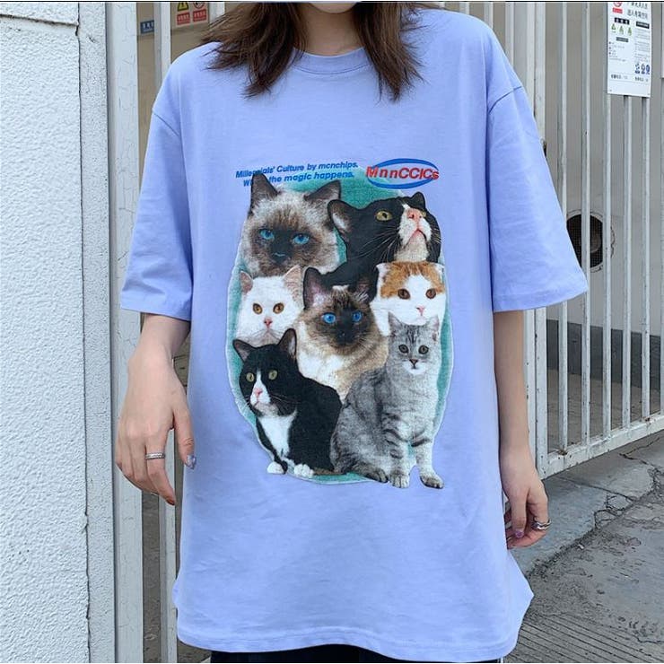 キャットプリント半袖Tシャツ 半袖 猫Tシャツ
