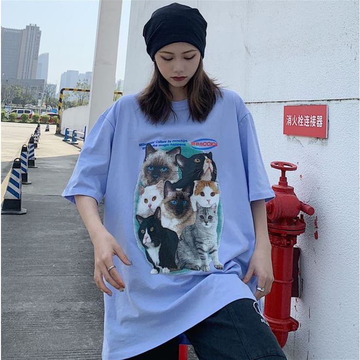 キャットプリント半袖Tシャツ 半袖 猫Tシャツ