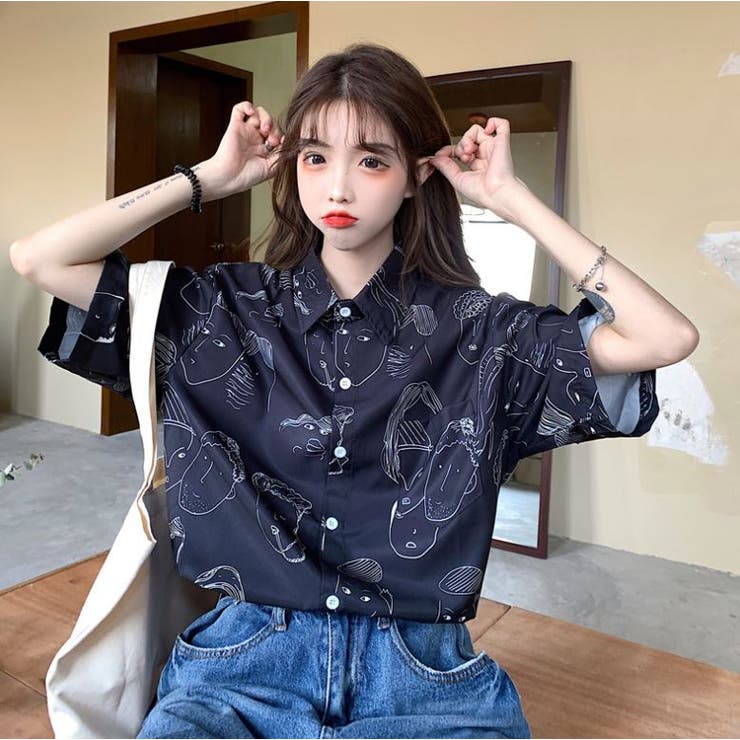 半袖柄シャツ トップス 韓国ファッション[品番：LPSW0001313