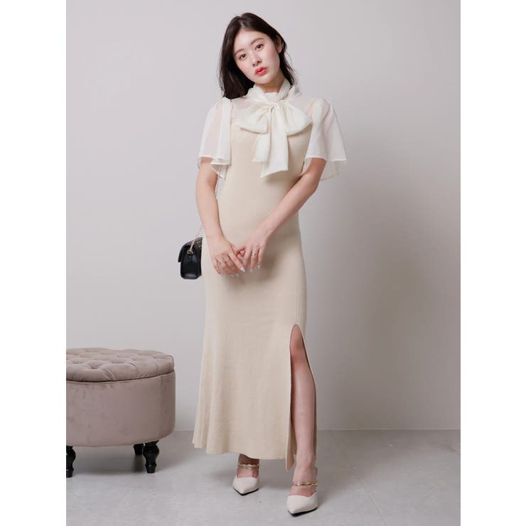 美品✨ エムズグレイシー　リボン付きフレアスリーブ ドッキング ワンピース 40 美品✨ エムズグレイシー リボン付きフレアスリーブ ドッキング