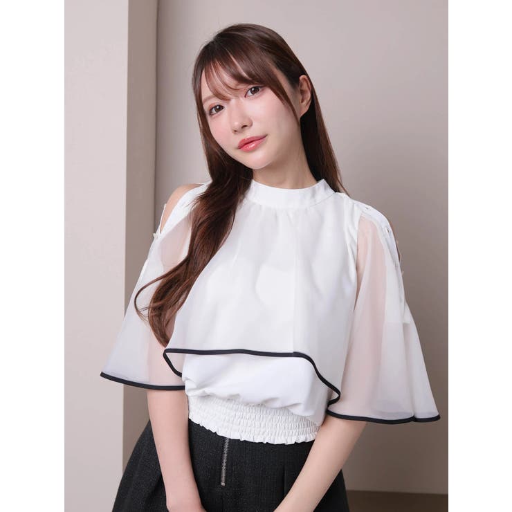 【激安セール】 ショルダーボタンリボンフレアブラウス[品番：LINW0002399 トップス
