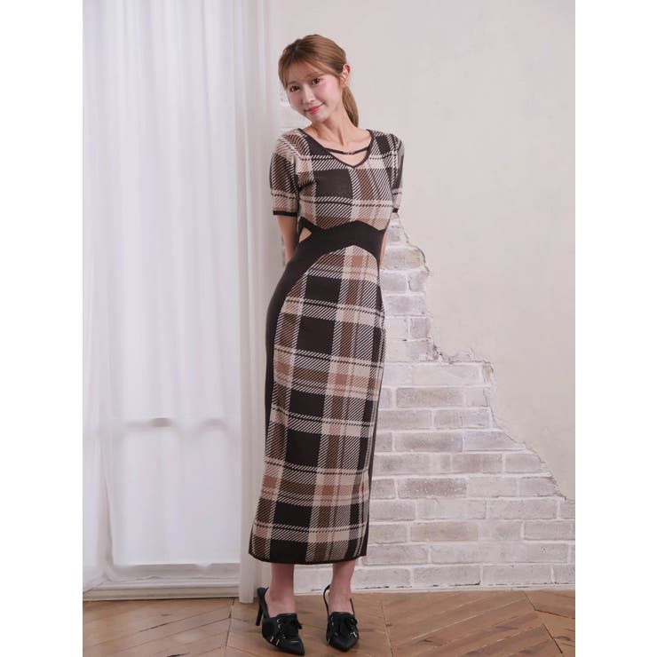 チェックジャガードカットアウトワンピース[品番：LINW0002425