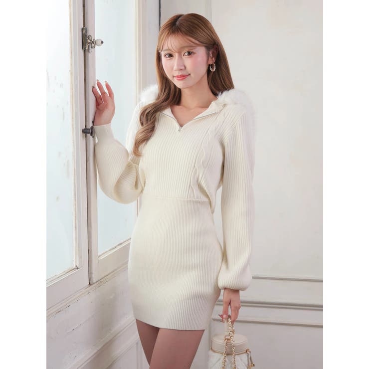 アイボリー | ファーフードニットワンピース | LIPSERVICE