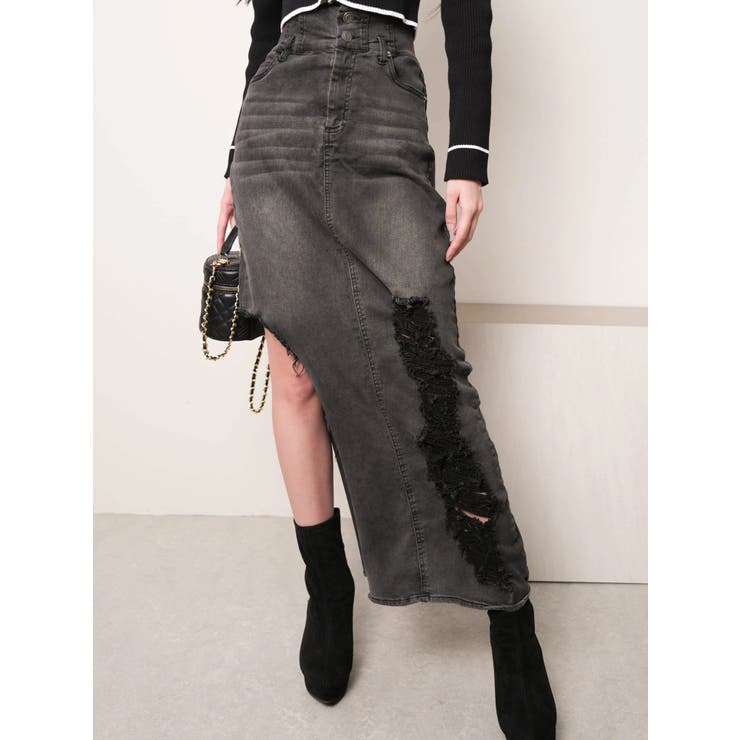 グレー | アシメカットロングデニムスカート | LIPSERVICE