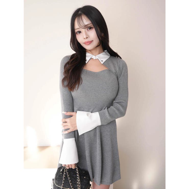 グレー | デコルテオープンフレアニットワンピース | LIPSERVICE