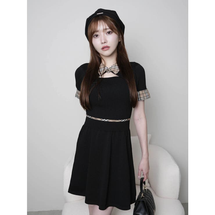 チェックカラーフレアニットワンピース[品番：LINW0002635