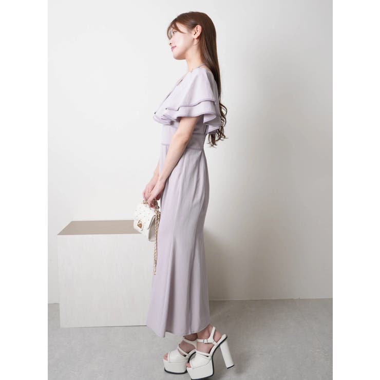 ラッフルスリーブパイピングマーメイドワンピース[品番