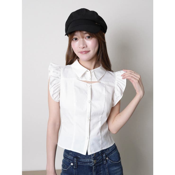 ホワイト | デコルテオープンフリルスリーブブラウス | LIPSERVICE