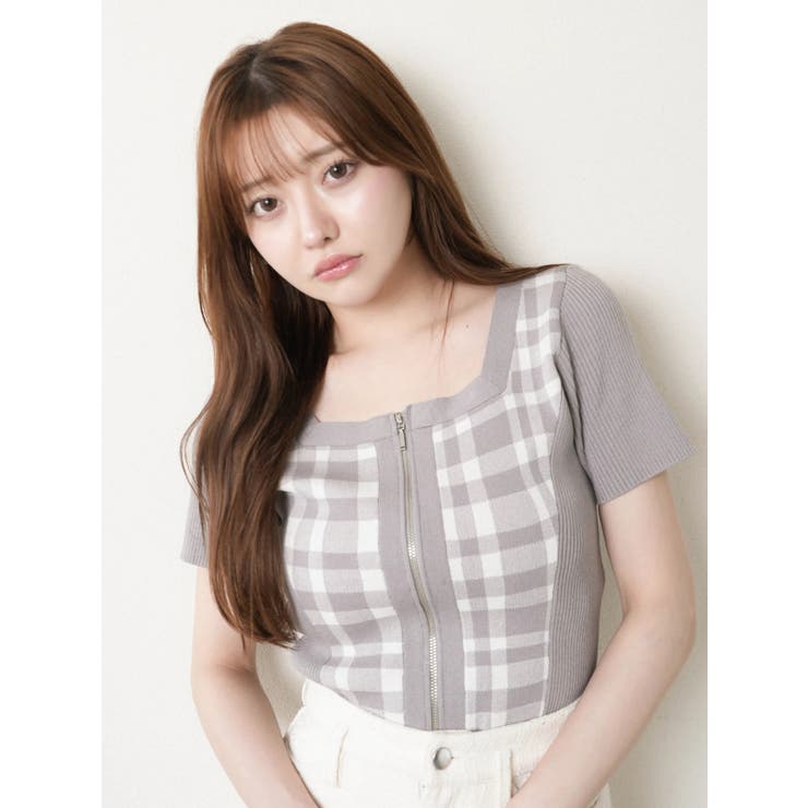 グレー | フロントZIPチェックジャガードニット | LIPSERVICE