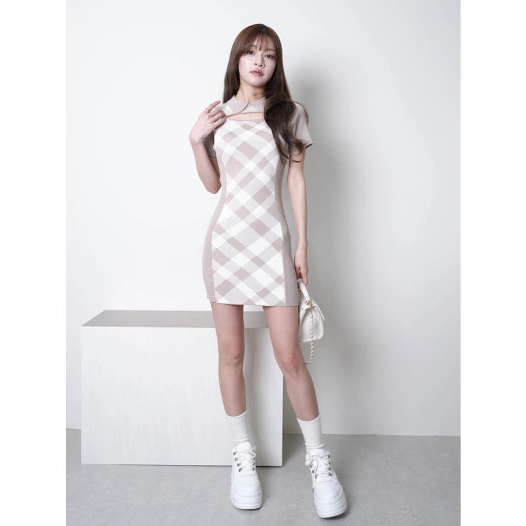 デコルテオープンチェックジャガードワンピース | LIPSERVICE | 詳細画像2 