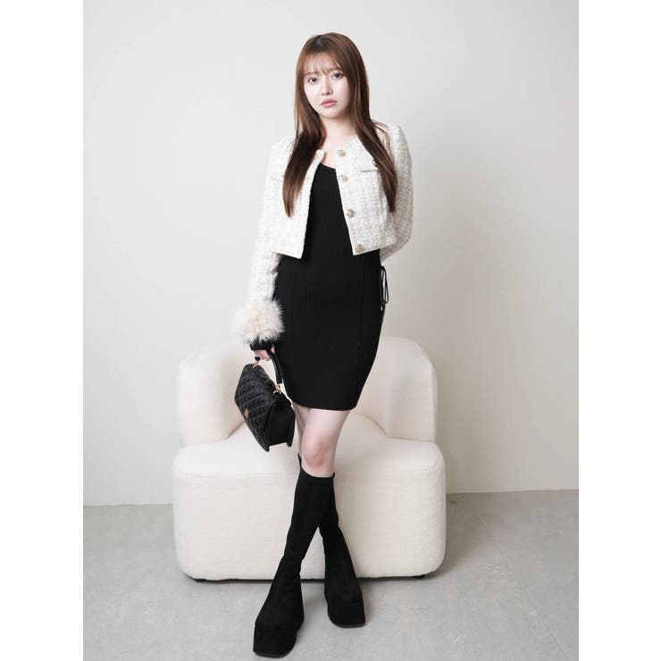 ファースリーブツイードクロップドジャケット[品番：LINW0002665