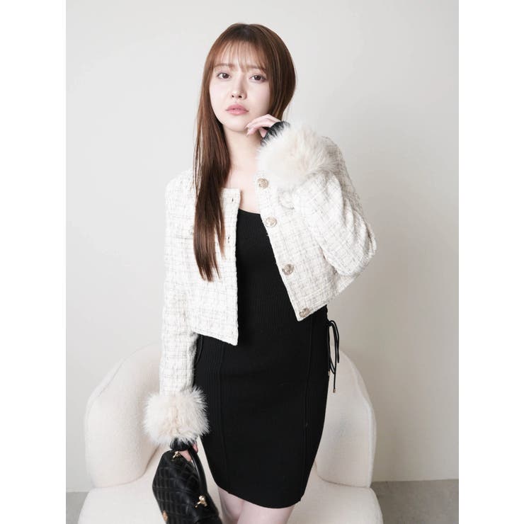 リップサービス ファースリーブツイードクロップドジャケット M リップサービス LIP SERVICE ファースリーブツイードクロップド